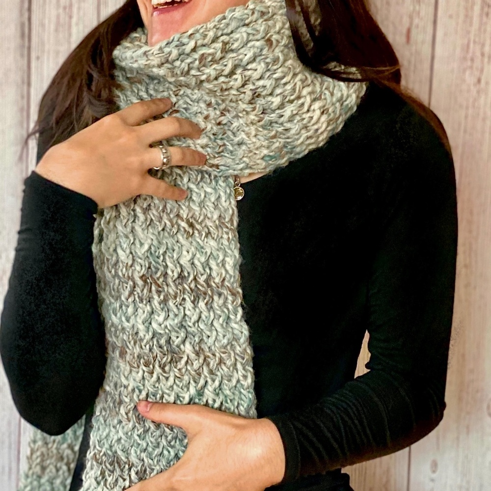 Multi Green Tone Chunky Knitted Long Scarf